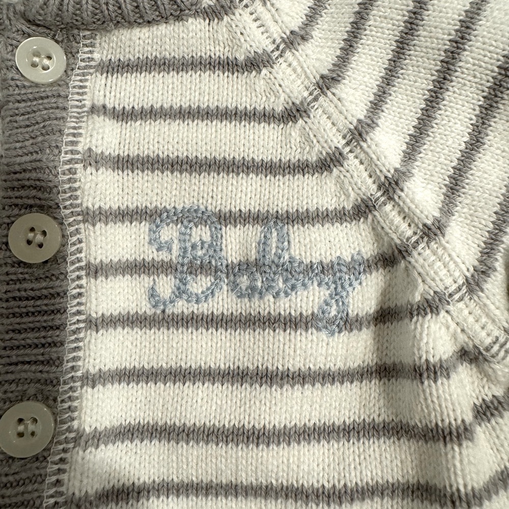 0-3m - First Impressions - Gray and white striped button down “Baby” boy onesie